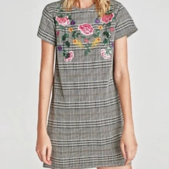 ZARA Plaid Floral Embroidered T-Shirt Dress Sequin - Picture 1 of 7